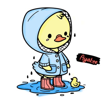 baby duck in a rain coat and boots, in a puddle while it’s raining