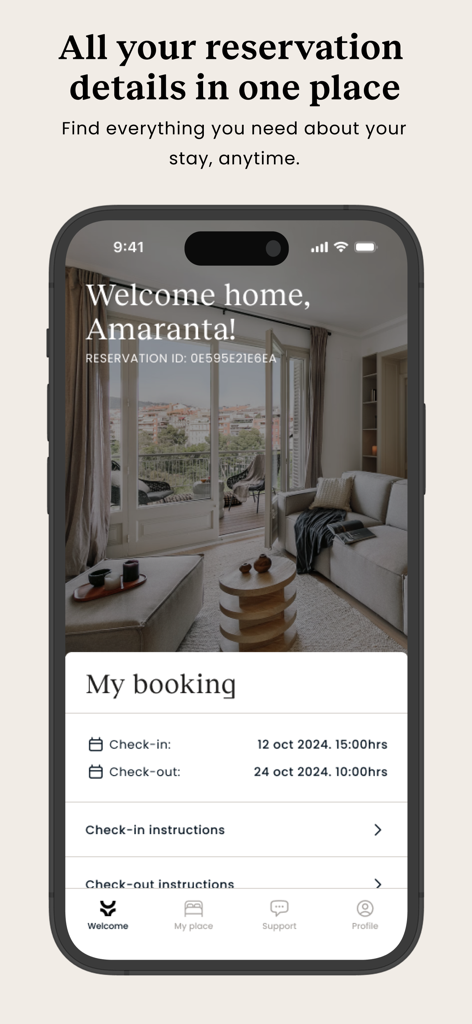 Ukio app screen displaying apartment reservation details and check-in instructions for a premium rental.