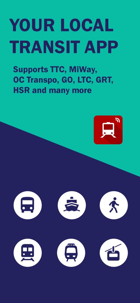 My TTC - Toronto Bus Tracker - Intro screen for My TTC app listing supported transit agencies like TTC MiWay and GO Transit with various transport icons