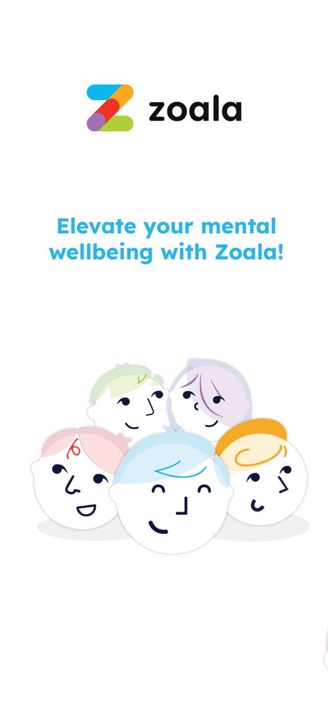 Zoala - Zoala app intro screen featuring the slogan Elevate your mental wellbeing with Zoala and illustrations of teenage faces