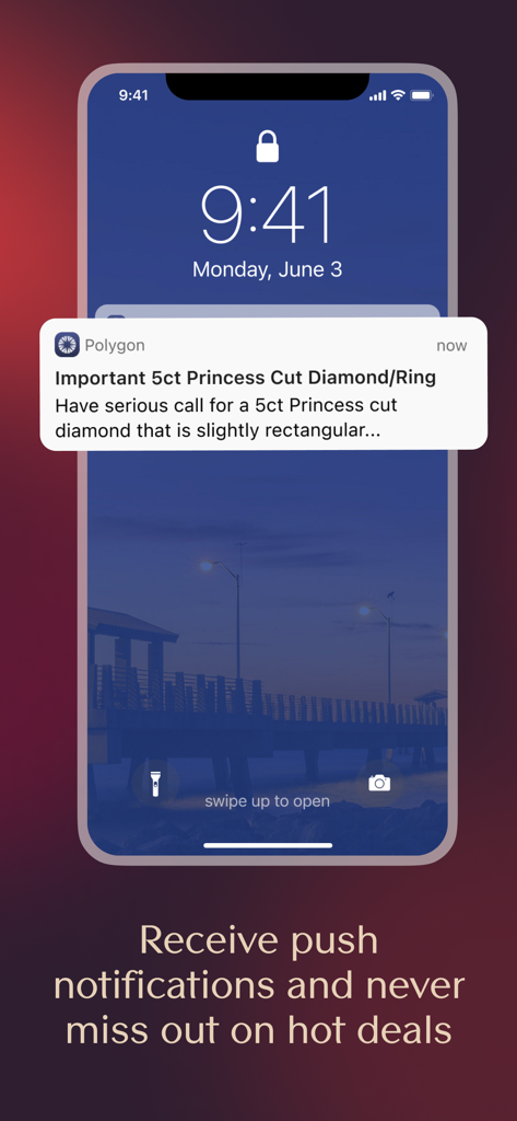 Polygon Jewelers - Smartphone lock screen showing a push notification for a princess cut diamond request on the Polygon Jewelers app