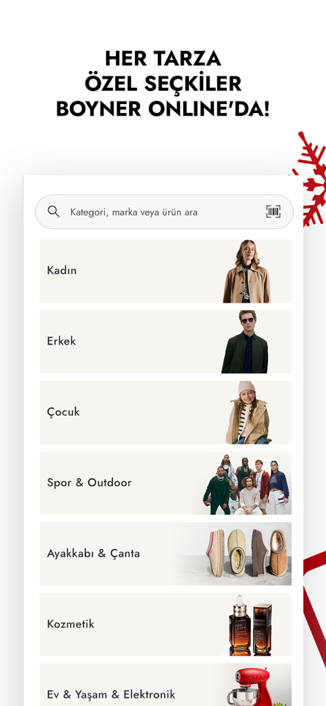 Boyner – Online Shopping - Boyner Mobile-App-Oberfläche mit einer Liste von Einkaufskategorien, darunter Damen, Herren, Kinder und Kosmetik.