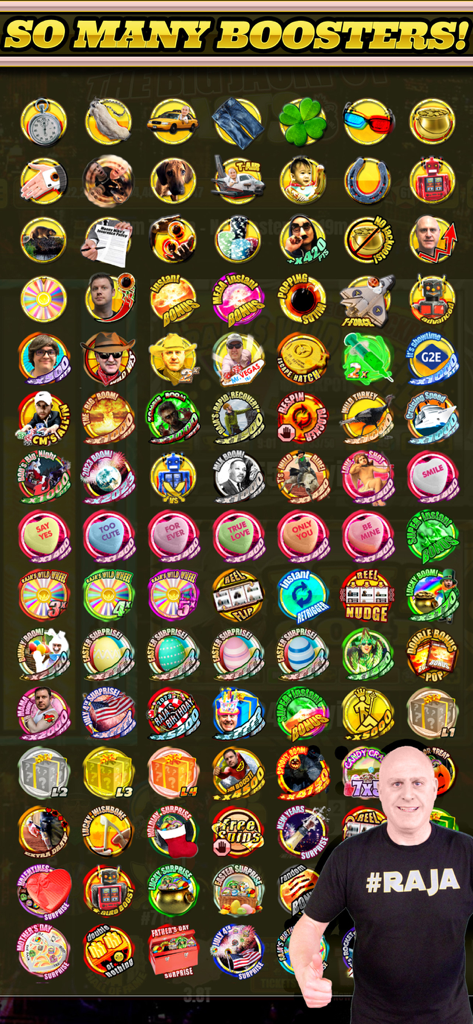 A collection of various game boosters and special multipliers within The Big Jackpot app