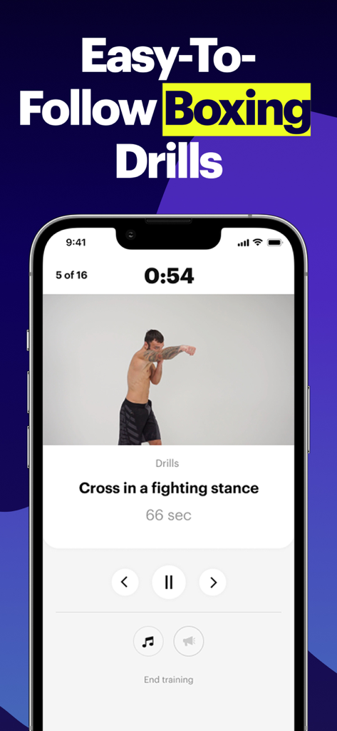 BXNG: Home Boxing Workouts App - Una interfaz de smartphone de la aplicación BXNG que muestra un tutorial en video de ejercicios de boxeo fáciles de seguir