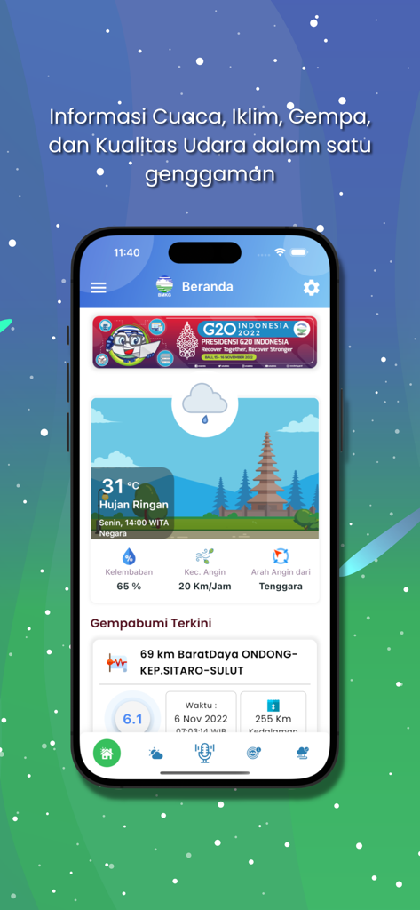 Info BMKG - 인도네시아 일기 예보와 최근 지진 알림을 표시하는 Info BMKG 모바일 앱 홈 화면.
