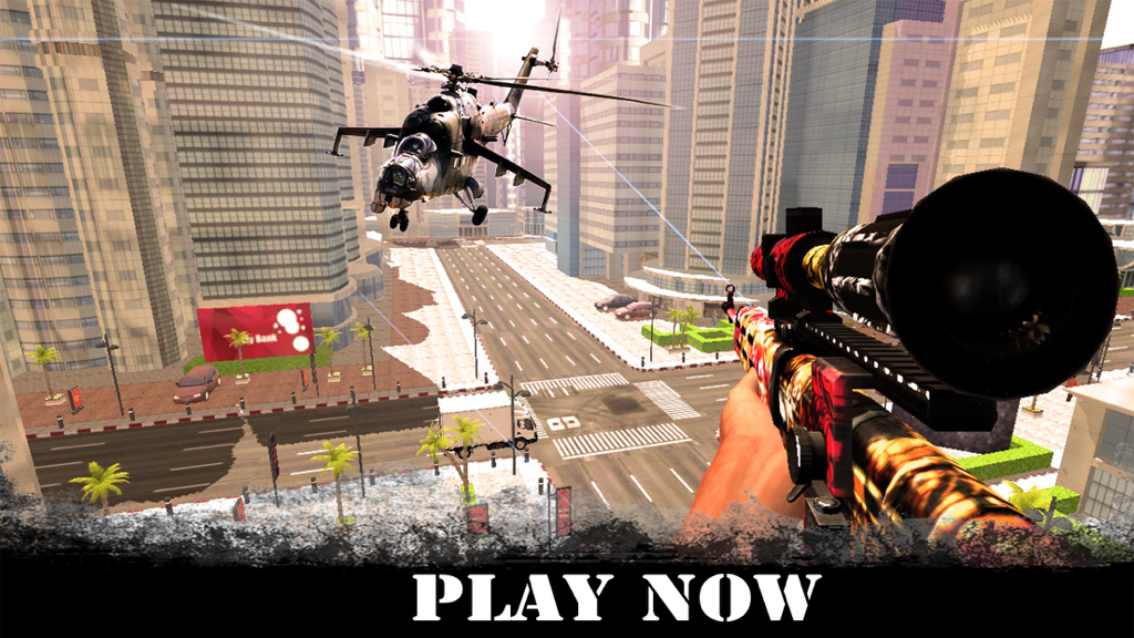 Sniper Assassin 3D Shooting - First person view of a sniper rifle aiming at a helicopter over a city street