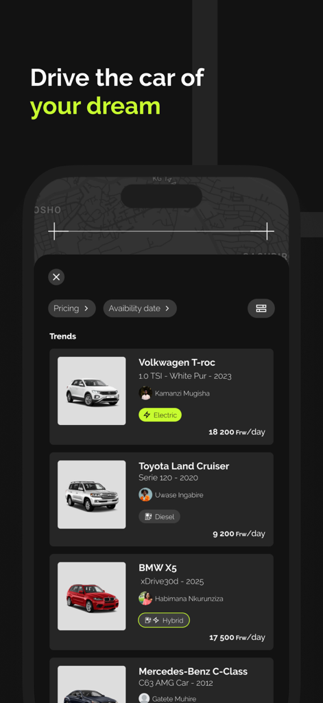 다양한 렌탈 차량과 일일 요금을 보여주는 Litt plus 차량 공유 앱 목록 인터페이스
