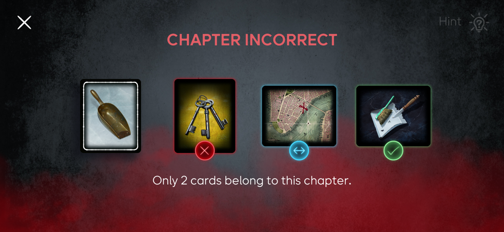 Ravensburger echoes - The Ravensburger echoes app displaying a screen with the message Chapter Incorrect and feedback on specific mystery cards.