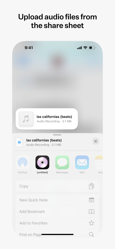 [untitled] - Captura de tela de um iPhone mostrando a folha de compartilhamento do iOS sendo usada para enviar um arquivo de áudio diretamente para o aplicativo de música untitled