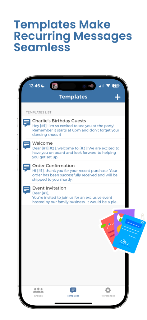 Group Text | Mass Message - Group Text app interface showing a list of message templates for recurring communication.