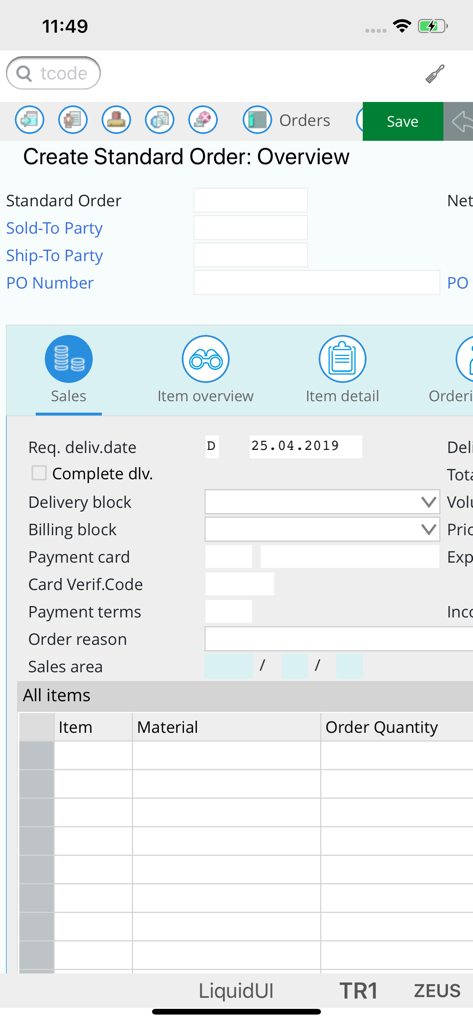 Liquid UI Client for SAP - Liquid UI mobile interface for creating a standard order in SAP