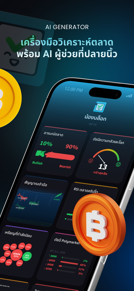 Siam Blockchain - Siam Blockchain app interface displaying AI-powered crypto market analysis tools including sentiment and fear and greed index