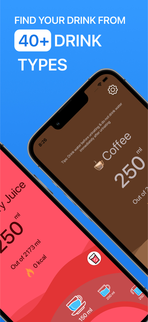 Water Now: Daily Drink Tracker - Interface of Water Now app displaying tracking options for coffee and juice among over 40 drink types