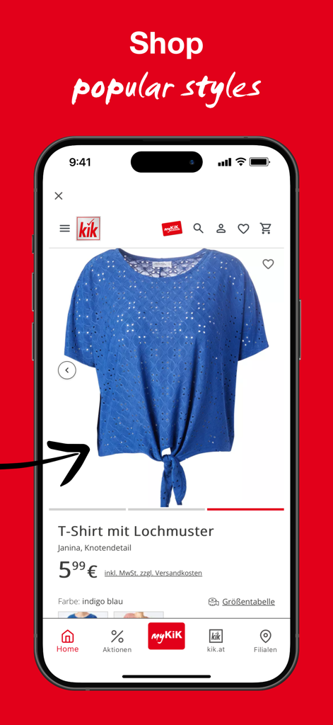 myKiK - Austria - A screenshot of the myKiK app displaying a blue t-shirt with a knot detail and the heading Shop popular styles