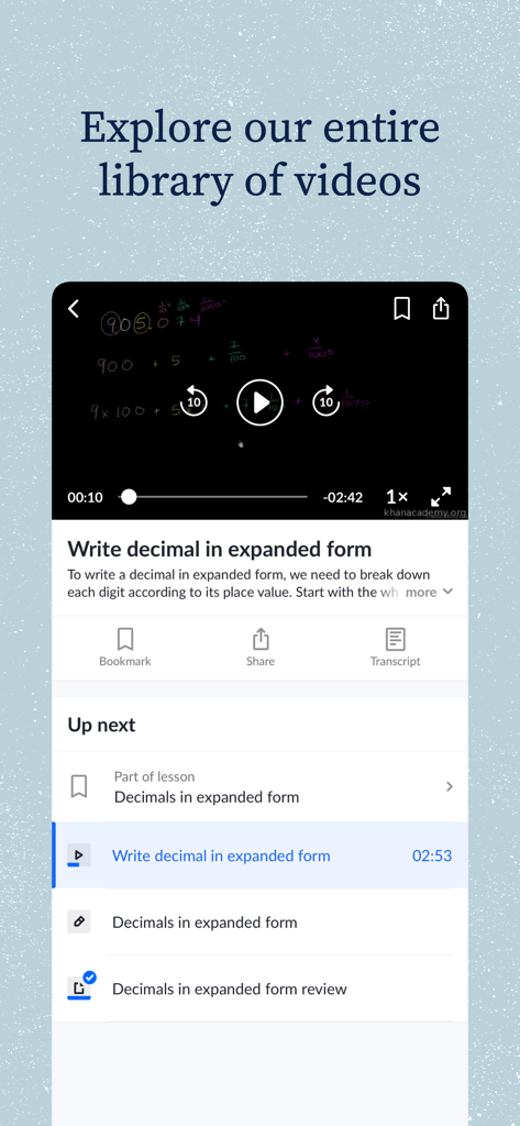 Khan Academy - Khan Academy mobile app interface showing a math video lesson on decimals