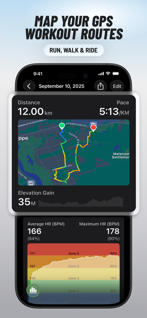 FITIV Pulse AI Workout Tracker - Interfaccia dell'app FITIV Pulse che mostra monitoraggio percorso allenamento GPS con zone di frequenza cardiaca e metriche di ritmo
