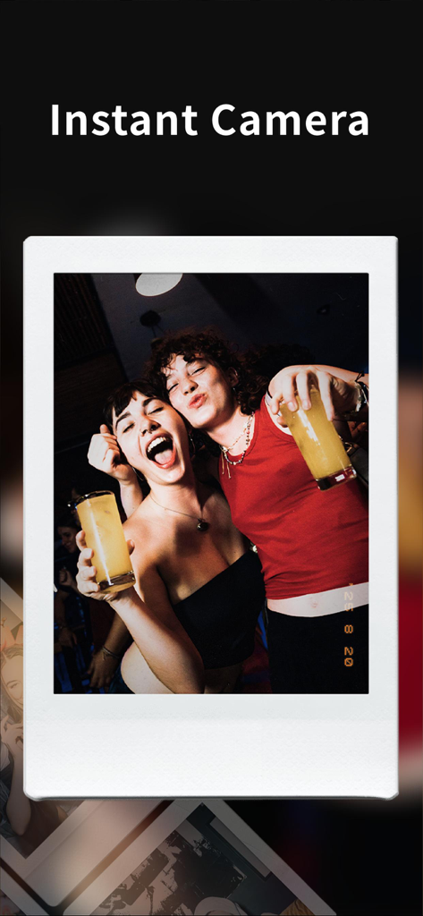 Two young women laughing in a vintage polaroid style photo created with an instant camera filter