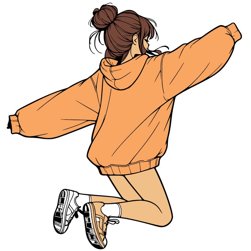realistic girl jumping with a bun and oversized sweatshirt