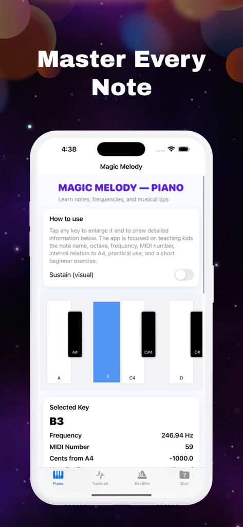 Magic Melody+ - Interface of Magic Melody plus app showing piano keys and note frequency details for beginners
