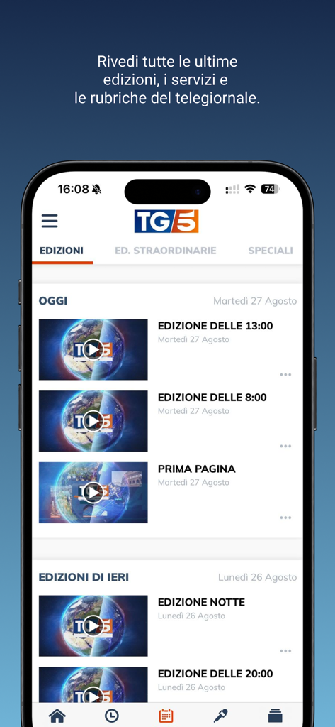 Interfaz de la aplicación móvil TG5 que muestra una lista de ediciones de noticias diarias y segmentos de transmisión