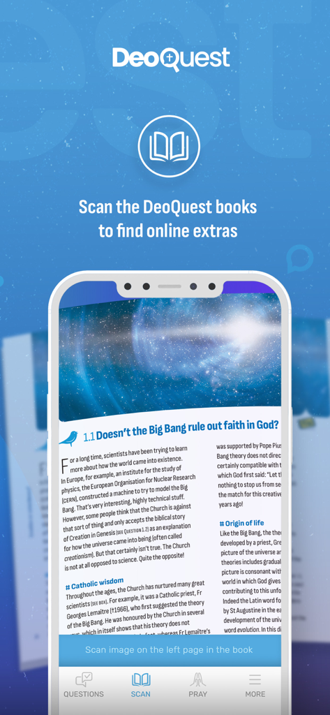 DeoQuest - Tweeting with GOD - DeoQuest app scanning a physical book to provide digital extras and faith answers
