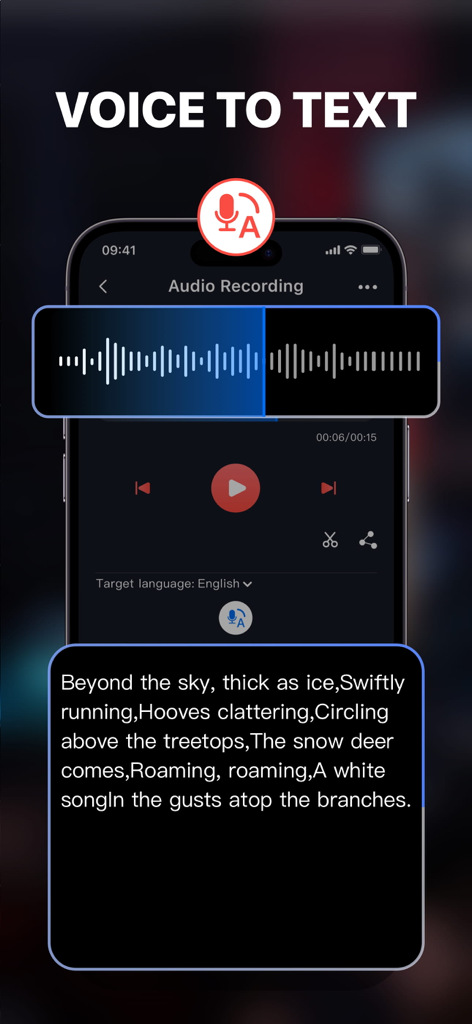 Voice to text transcription feature showing audio waveform and transcribed text