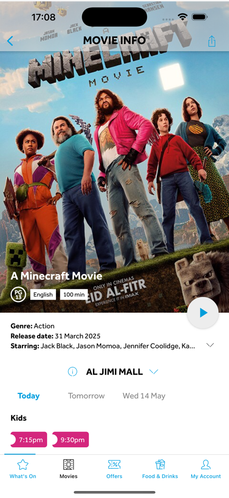 VOX Cinemas App screen showing movie details and showtimes for A Minecraft Movie at Al Jimi Mall