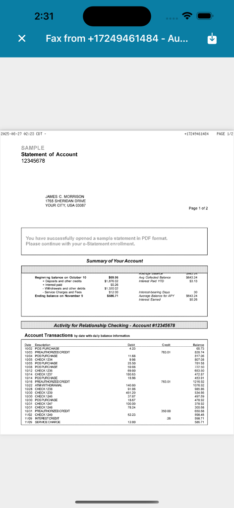 Easy Fax Plus - Una captura de pantalla de la aplicación Easy Fax Plus que muestra una vista previa de un extracto bancario de muestra antes de enviarlo.