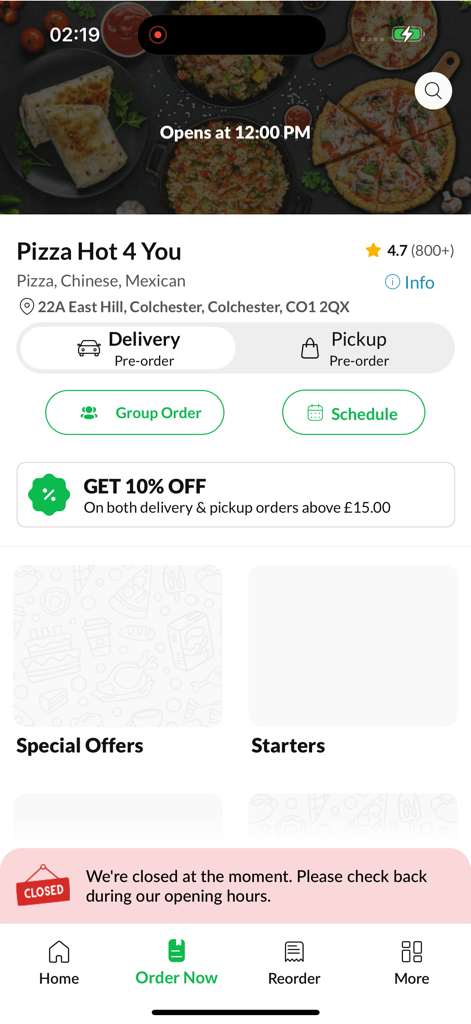 Pizza Hot 4 You. - The home screen of the Pizza Hot 4 You mobile app showing delivery and pickup options along with a ten percent discount offer