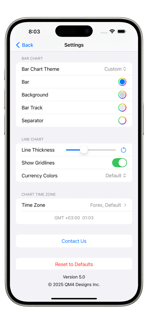 Forex Strength Meter app settings screen with chart customization and time zone options