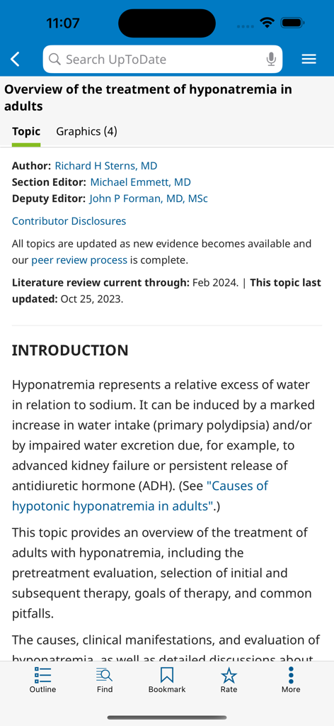 A clinical article about the treatment of hyponatremia in adults within the UpToDate mobile app interface.