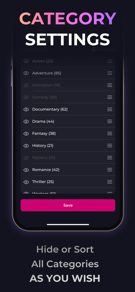 IPTV - Opus Player - Pantalla de configuración de categorías en Opus Player que permite a los usuarios ocultar o ordenar géneros de contenido.