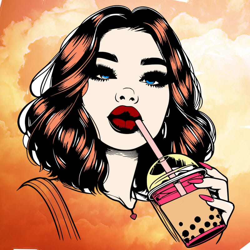 realistic girl with glossy lips holding boba