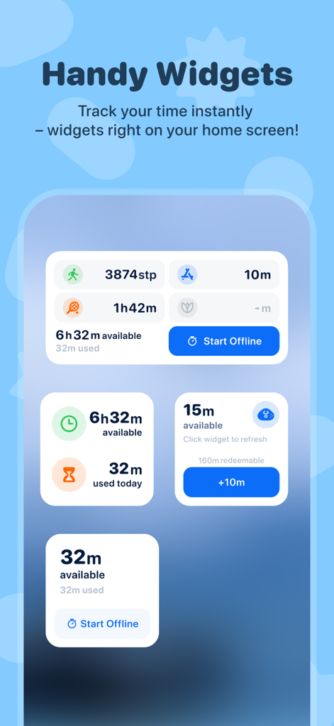WillStone mobile app widgets for home screen showing available screen time and activity progress