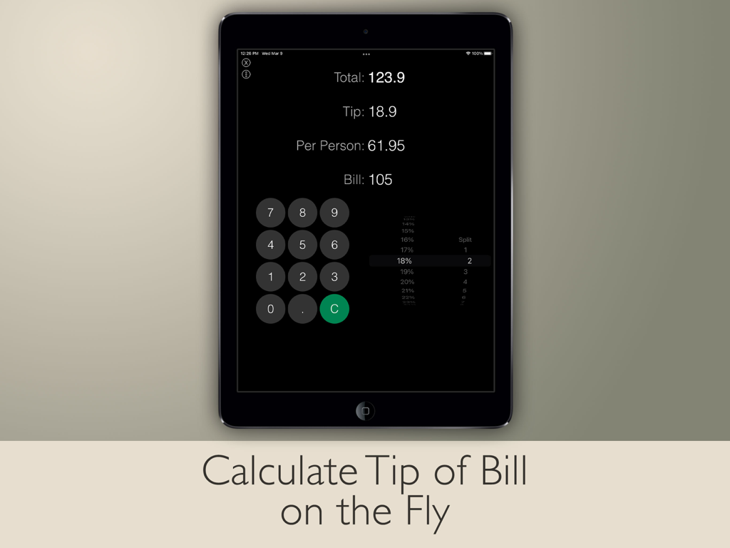 iPad tip calculator and bill splitter interface showing calculation for total tip and amount per person