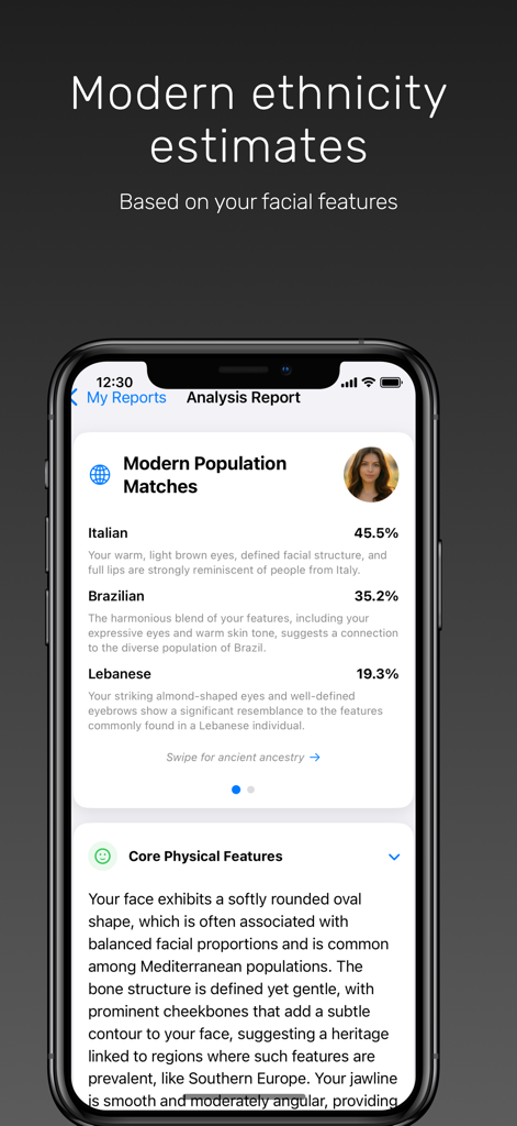 Écran des estimations d'ethnicité moderne montrant les pourcentages d'héritage italien brésilien et libanais basés sur les caractéristiques faciales