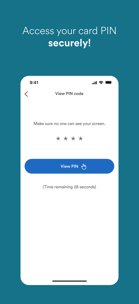 BAWAG Banking App - Secure screen in the BAWAG Banking App to view a card PIN code.