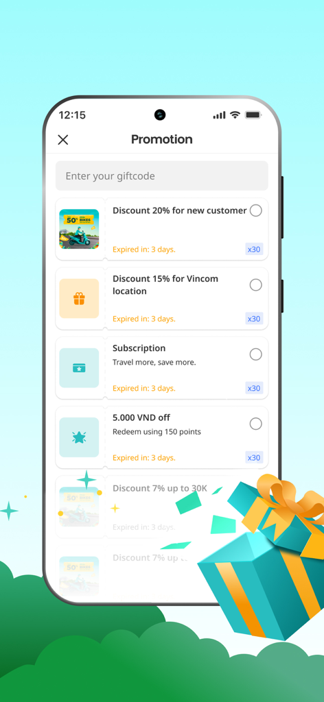 A mobile app interface displaying a list of available promotions and discounts for electric vehicle ride hailing.