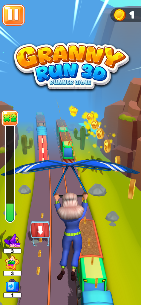 Granny Run 3D runner Game - Granny character hang gliding over trains and collecting coins in a 3D runner game