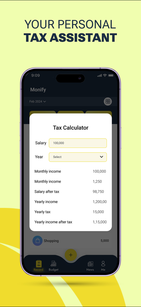 A screenshot of the Monify app showing a personal tax calculator interface with salary and income projections.