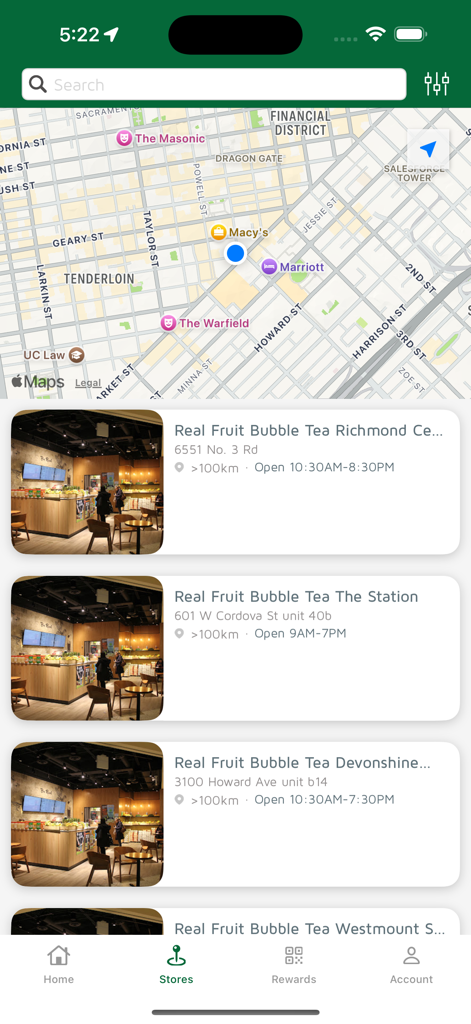 Real Fruit Bubble Tea - Interface de l'application mobile affichant une carte et une liste des emplacements des magasins Real Fruit Bubble Tea