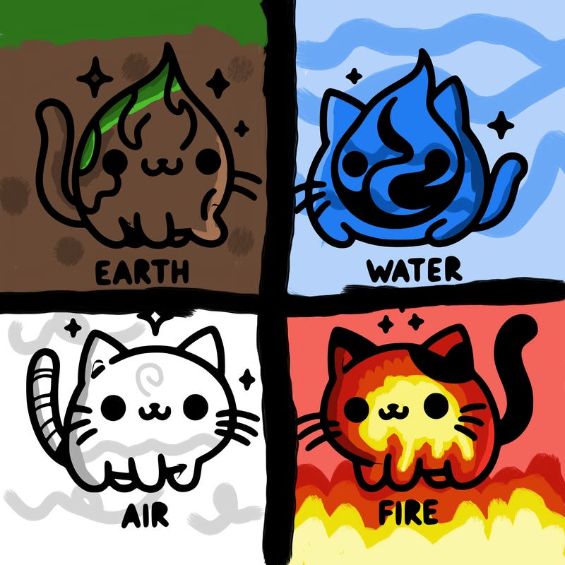 4 cats that represent the different elements, earth, water, air, and fire