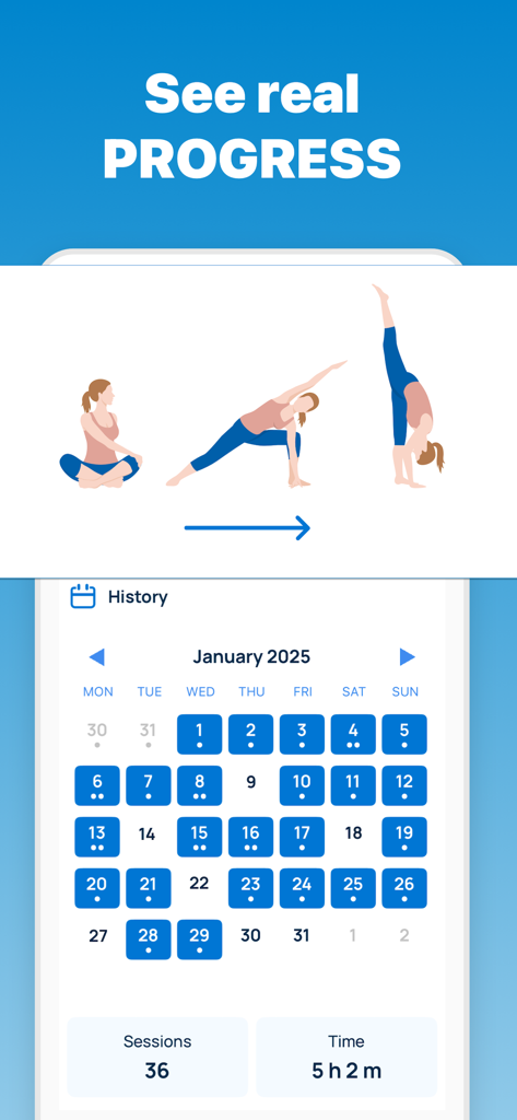 5 Minute Yoga Workouts - Interfaz de la aplicación móvil que muestra un calendario de historial de sesiones de yoga mensuales y un resumen del tiempo total de entrenamiento