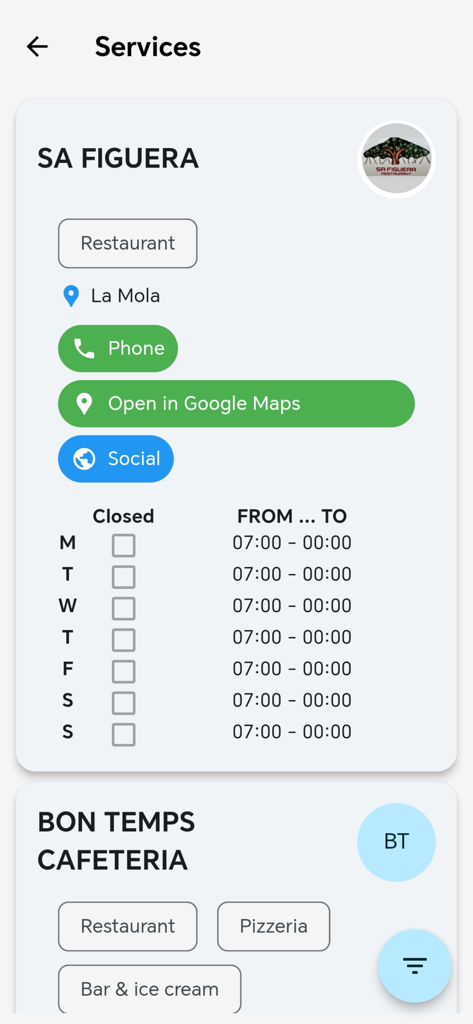 Hola Raffa Formentera - App screen showing restaurant information and operating hours for Formentera businesses