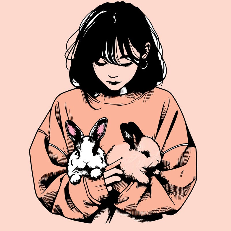 realistic girl with messy bunny baggy sweatshirt and holding bunnies