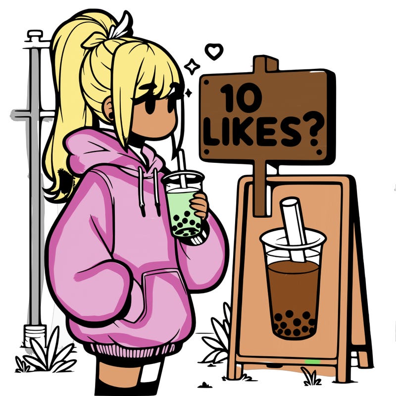 girl with oversized hoodie drinking boba and she has a high ponytail with a sign that says 10likes?
