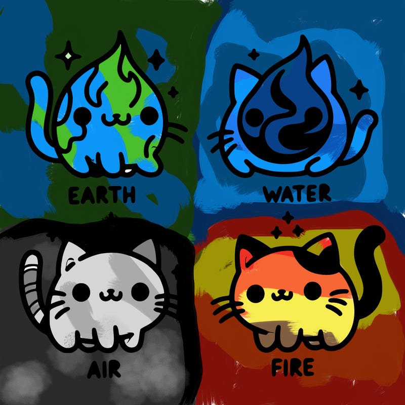 4 cats that represent the different elements, earth, water, air, and fire