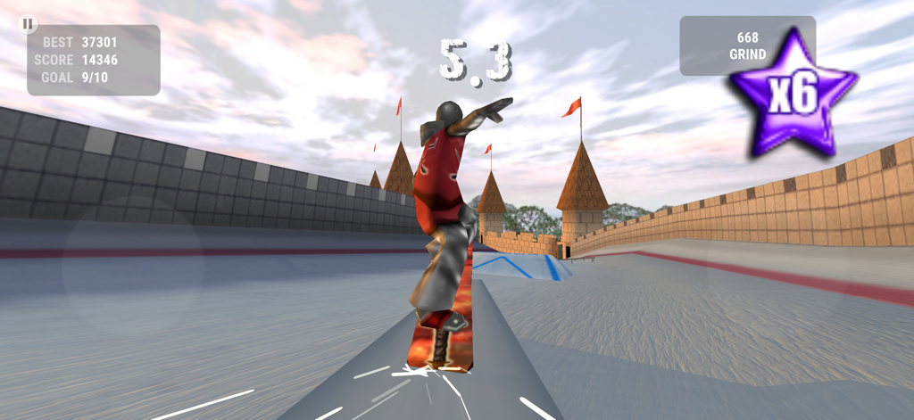 Crazy Snowboard - Snowboarder performing a rail grind trick in a castle themed level with a score multiplier