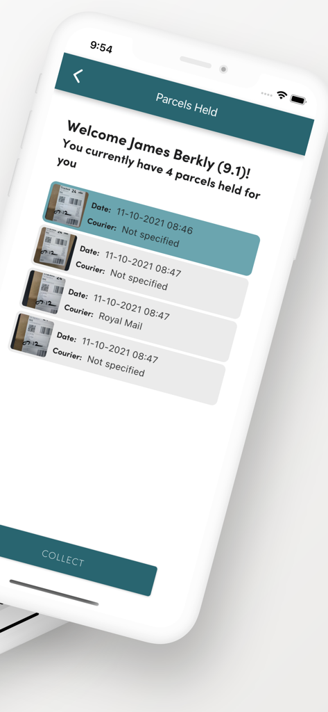 Parcel Tracker Kioskアプリには、受け取りのために保持されている荷物のリストが表示されます