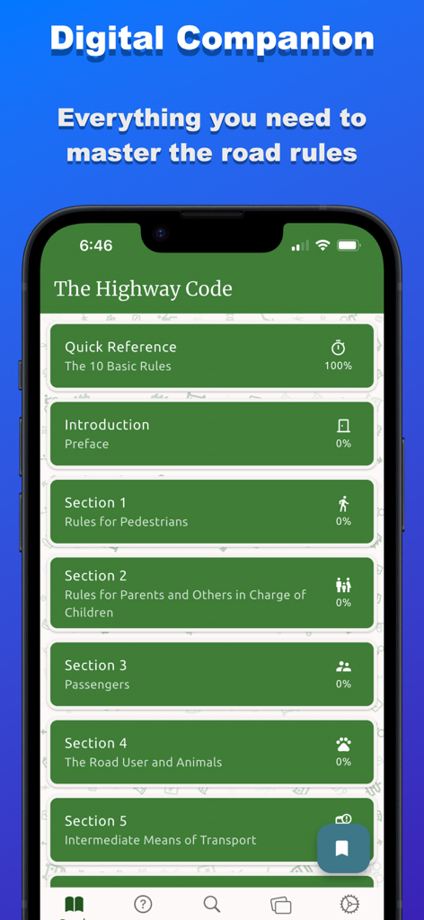 Zambia Highway Code - iPhone screenshot showing the table of contents for the Zambia Highway Code mobile app